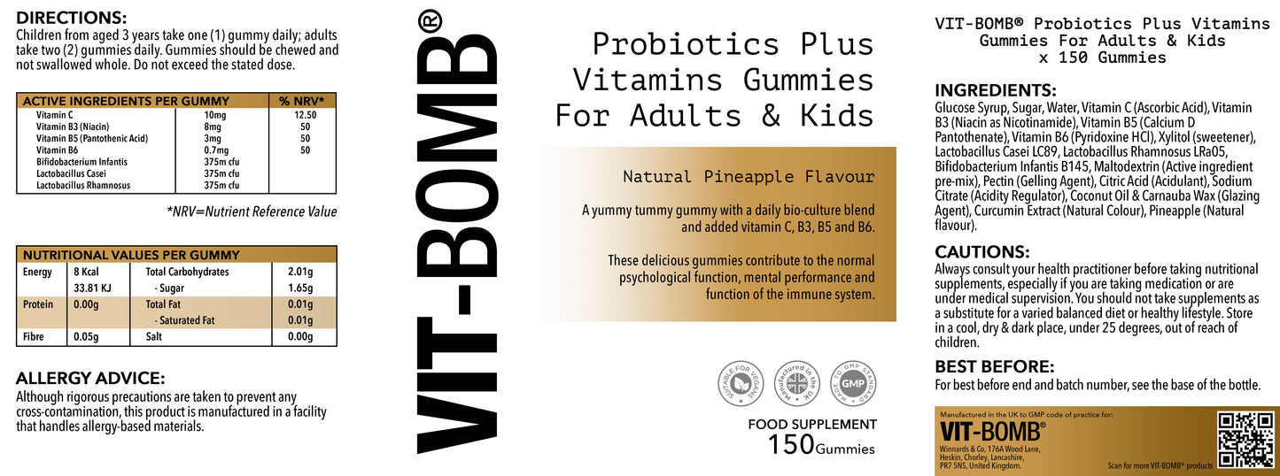 VIT-BOMB® Probiotics Plus Vitamins, Pineapple Flavour Gummies For Adults & Kids