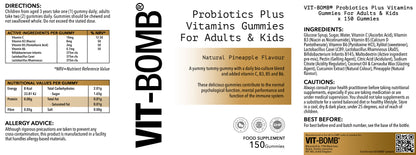 VIT-BOMB® Probiotics Plus Vitamins, Pineapple Flavour Gummies For Adults & Kids
