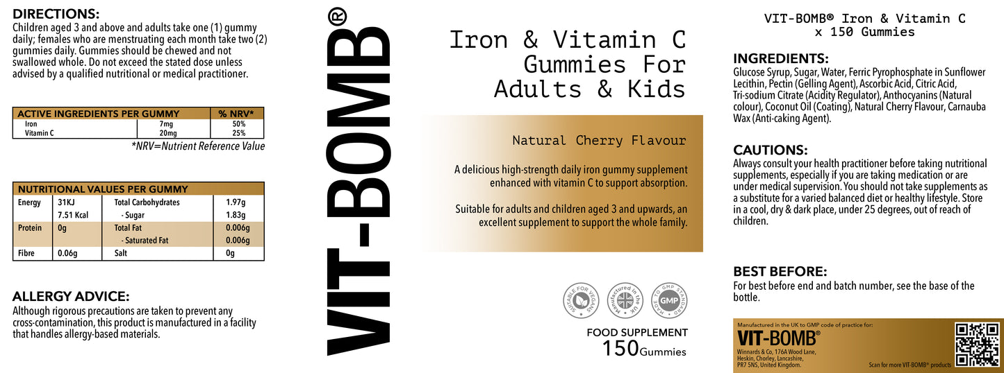 VIT-BOMB® Iron & Vitamin C, Cherry Flavour Gummies For Adults & Kids
